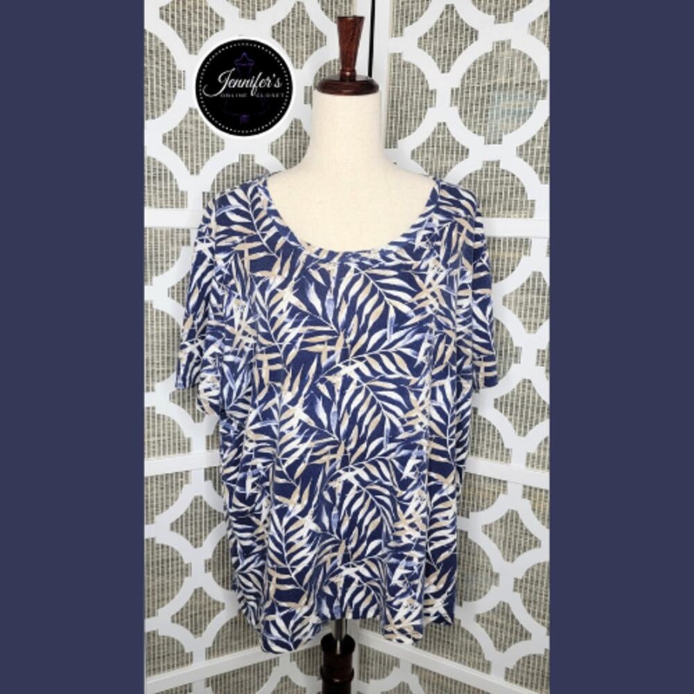 Coral Bay Women's Multicolored Scoop Neck Short Sleeve Leaf Pattern Top Size 1X